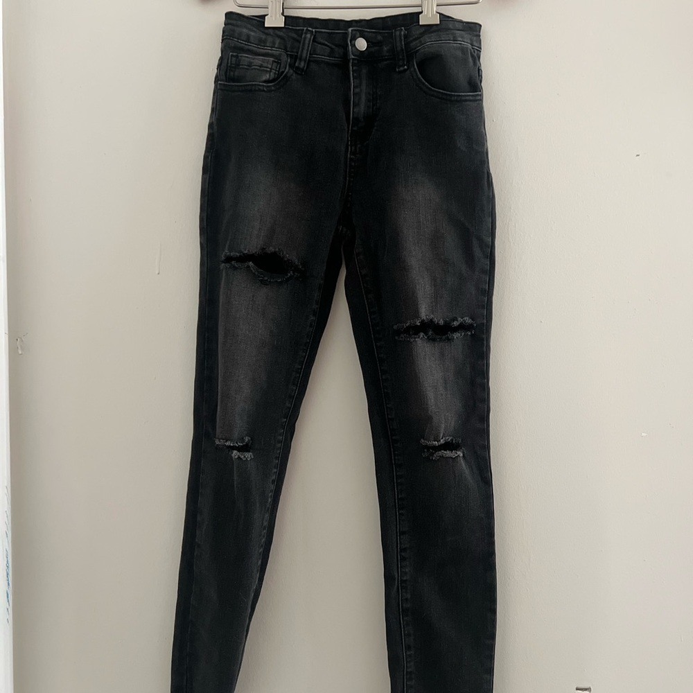 Black Stretch Denim Distressed Cropped Jeans Sz 00